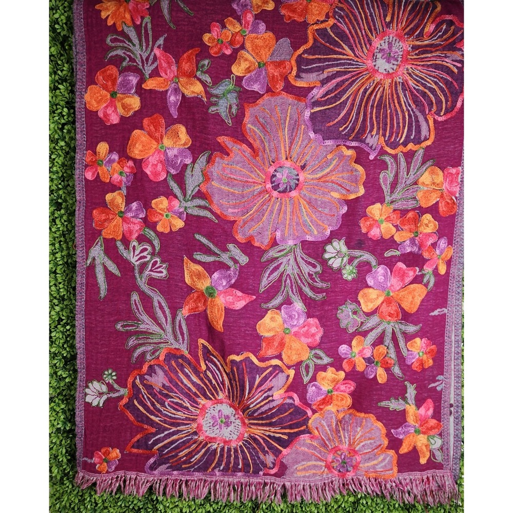 Kashmiri Style Karizma Floral Embroidered Shawl Scarf w/Fringe Boho Turkish Wrap